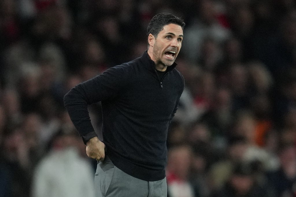 Arsenal's manager Mikel Arteta gives instructions during the UEFA Champions League second leg quarterfinal soccer match between Arsenal and Sporting in London, England, Wednesday, April 15, 2026. (AP Photo/Kin Cheung)