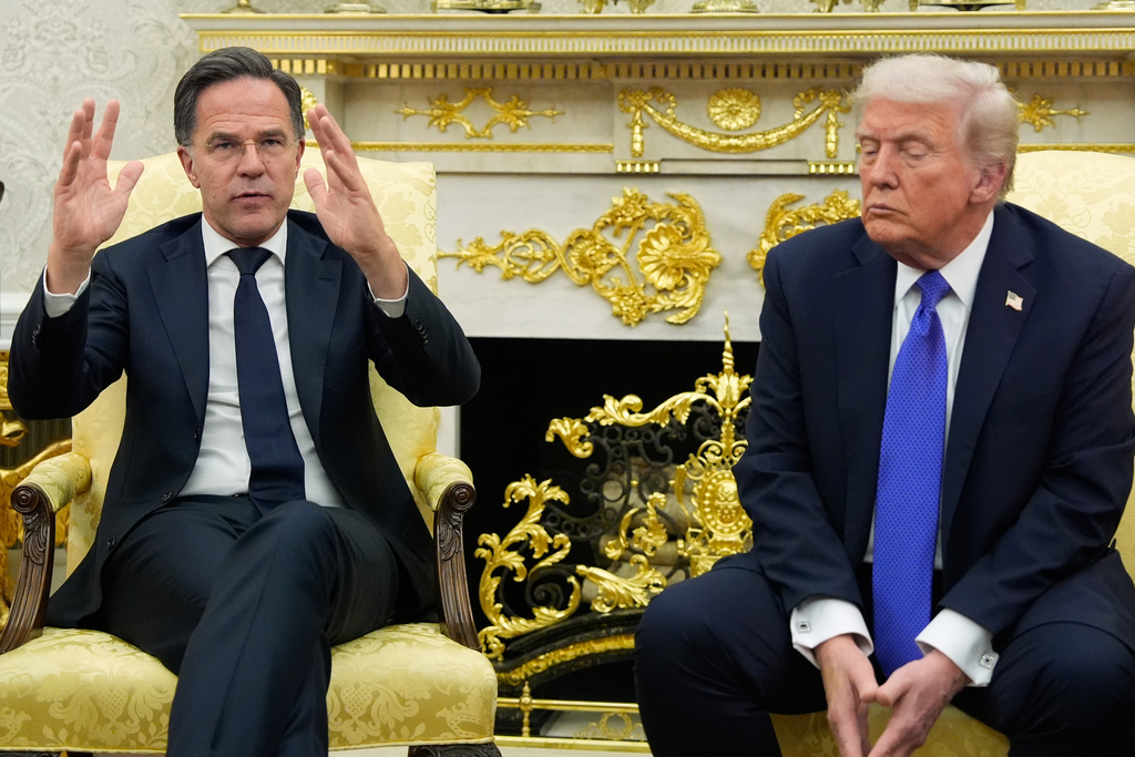 President Donald Trump meets with NATO Secretary General Mark Rutte in the Oval Office of the White House, Wednesday, Oct. 22, 2025, in Washington. (AP Photo/Alex Brandon)