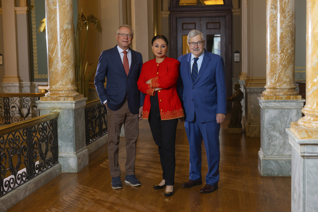 This photo provided by the World Food Prize Foundation shows, from left, Paul Schickler, Mashal Husain and Terry Branstad on Thursday, Nov. 14, 2024. (Ryan Damman/World Food Prize Foundation via AP)