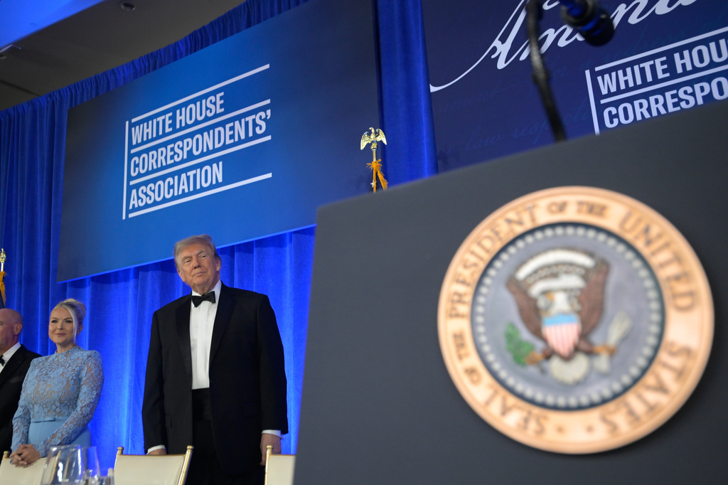 FILE - President Donald Trump attends the White House Correspondents' Association Dinner, at the Waldorf Astoria Washington DC, July 24, 2026, in Washington, with White House press secretary Karoline Leavitt. (AP Photo/Rod Lamkey, Jr., File)