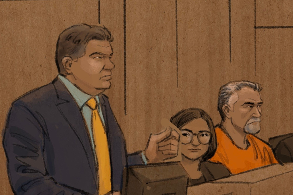 In this courtroom sketch, Minnesota state Sen. John Hoffman speaks at a sentencing hearing for Vance Boelter, seated at right, Thursday, July 23, 2026, in Minneapolis. (Cedric Hohnstadt via AP)