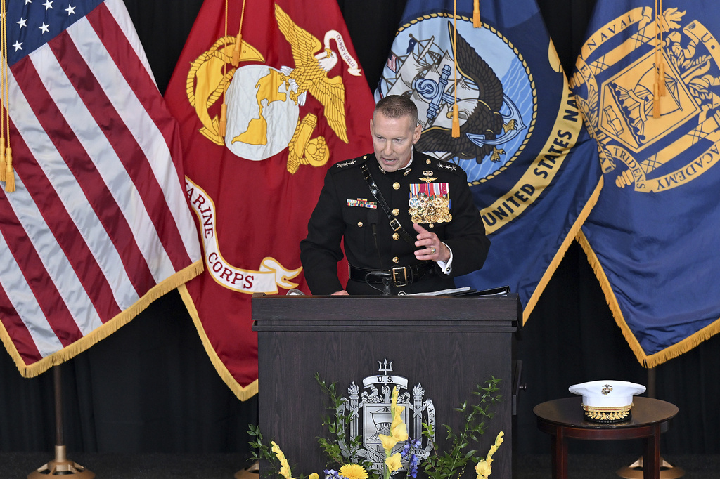 New Superintendent Lt. General Michael J. Borgschulte, U.S. Marine Corps gives remarks during a Change of Command Ceremony for outgoing Superintendent Vice Admiral Yvette M. Davids, U.S. Navy, in Annapolis, Md., Friday, Aug. 15, 2025. (Paul W. Gillespie/Capital Gazette via AP)