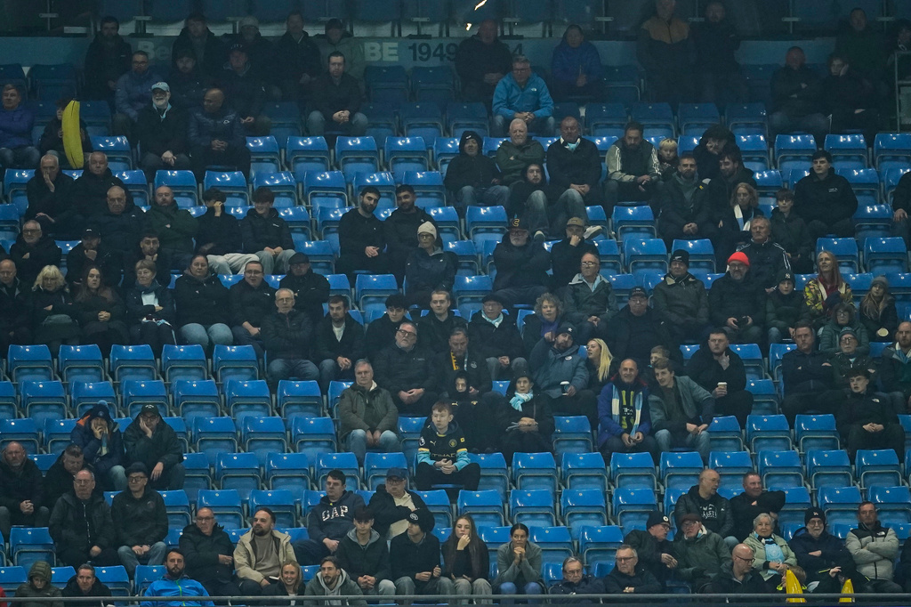 Half-empty stand is seen during the Champions League soccer match between Manchester City and AEK Athens in Manchester, England, Tuesday, Oct. 20, 2026. (AP Photo/Dave Thompson)
