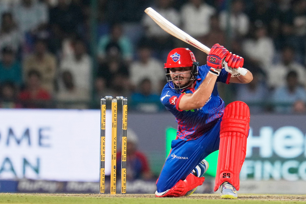 Delhi Capitals' Ashutosh Sharma plays a shot during the Indian Premier League cricket match between Delhi Capitals and Kolkata Knight Riders in New Delhi, India, Friday, May 8, 2026. (AP Photo/Manish Swarup)