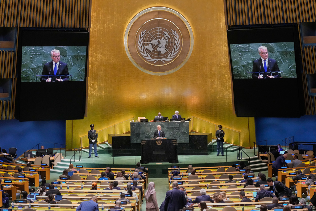 Lithuania President Gitanas Nauseda addresses the 80th session of the United Nations General Assembly, Tuesday, Sept. 23, 2025. (AP Photo/Richard Drew)