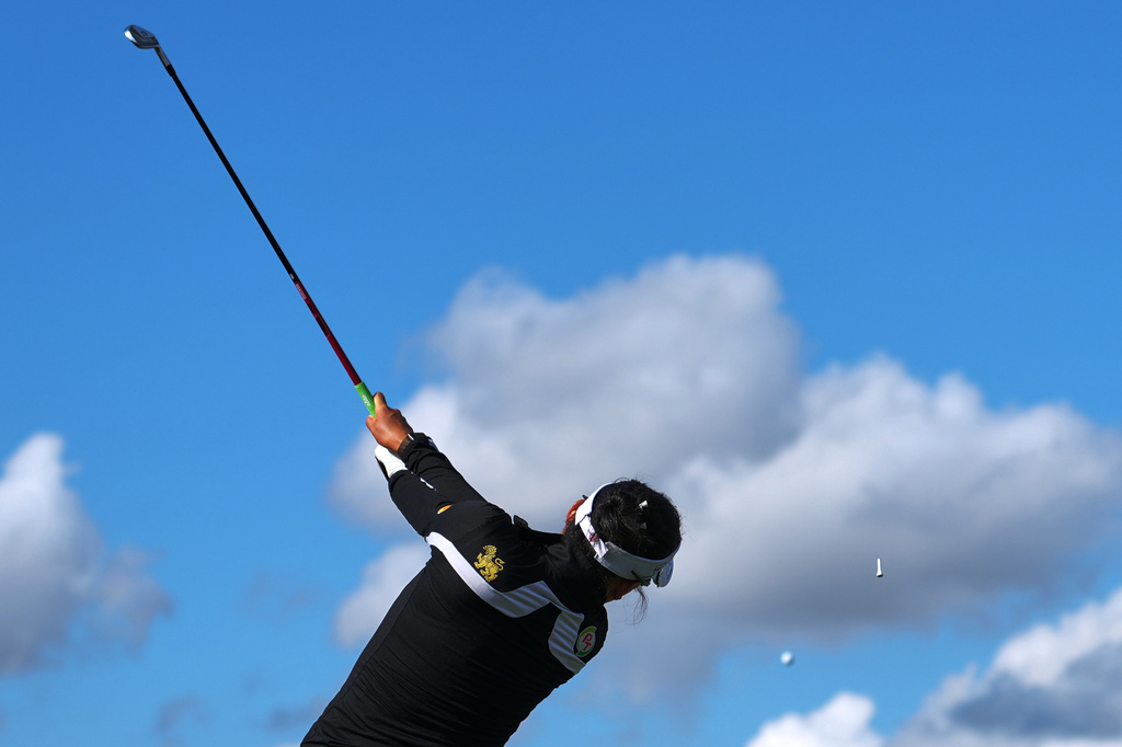 Jeeno Thitikul, of Thailand, drives off the 16th tee during the first round of the Women's British Open golf championship in Lytham St Annes, England, Thursday, July 30, 2026. (AP Photo/Jon Super)