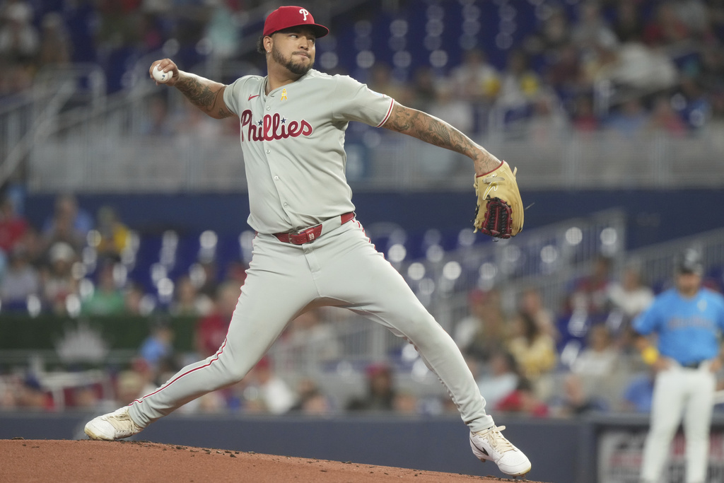Philadelphia Phillies starting pitcher Taijuan Walker aims a pitch during the first inning of a baseball game against the Miami Marlins Sunday, Sept. 7, 2025, in Miami. (AP Photo/Marta Lavandier)