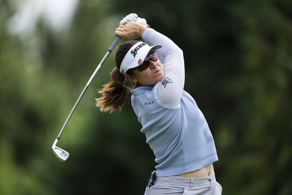Hannah Green, of Australia, hits off the second tee during the first round of the LPGA Portland Classic golf tournament at Columbia Edgewater in Portland, Ore., Thursday, Aug. 14, 2025. (AP Photo/Ali Gradischer)