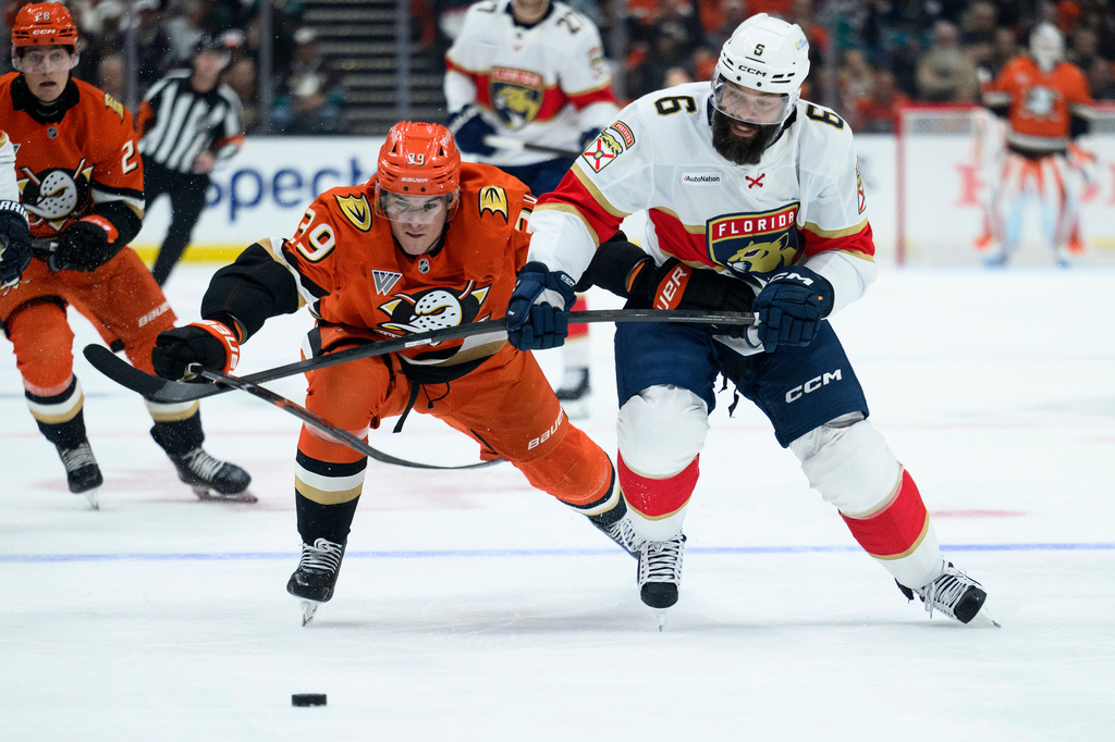 Florida Panthers defenseman Radko Gudas (6) and Anaheim Ducks left wing Jeff Malott (39) vie for the puck during the second period of an NHL hockey game, Sunday, Oct. 4, 2026, in Anaheim, Calif. (AP Photo/Kyusung Gong)