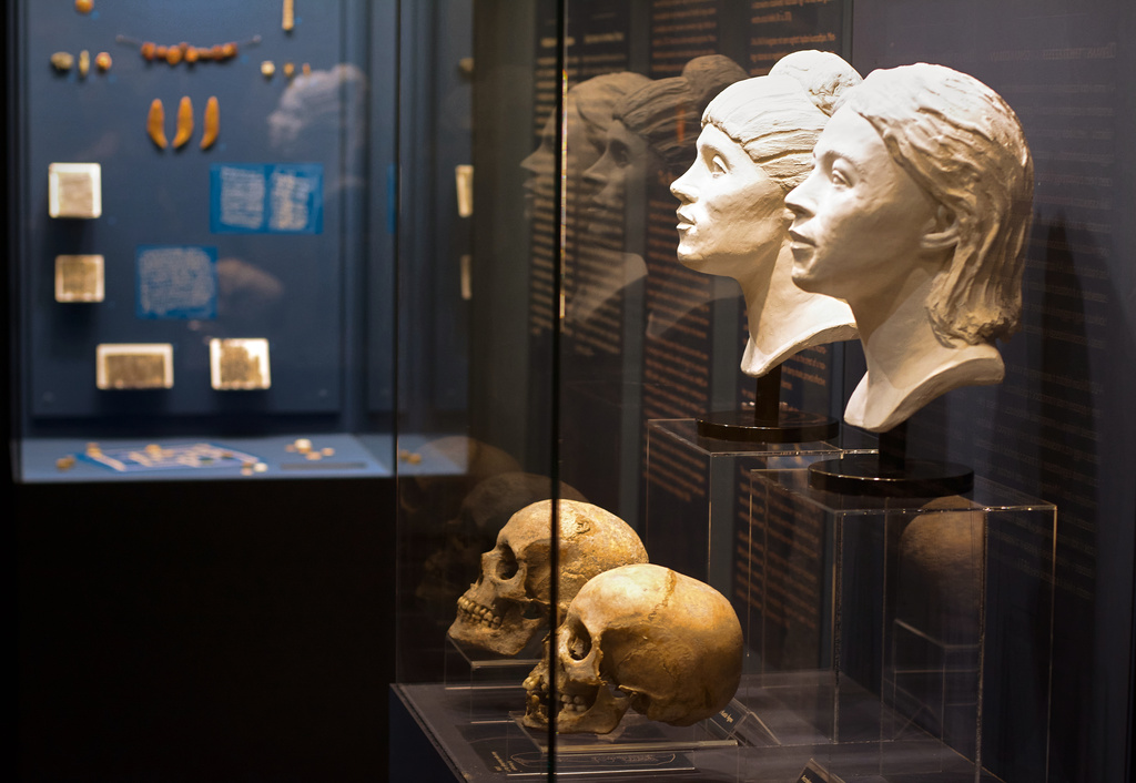 Roman-era skulls and their facial reconstructions are on display at the Aquincum Museum's exhibition titled "Once we were like you" which showcases characters and the fictional life stories of those who once lived in the bustling Roman settlement of Aquincum, in Budapest, Hungary, Tuesday, July 7, 2026. (AP Photo/Bela Szandelszky)