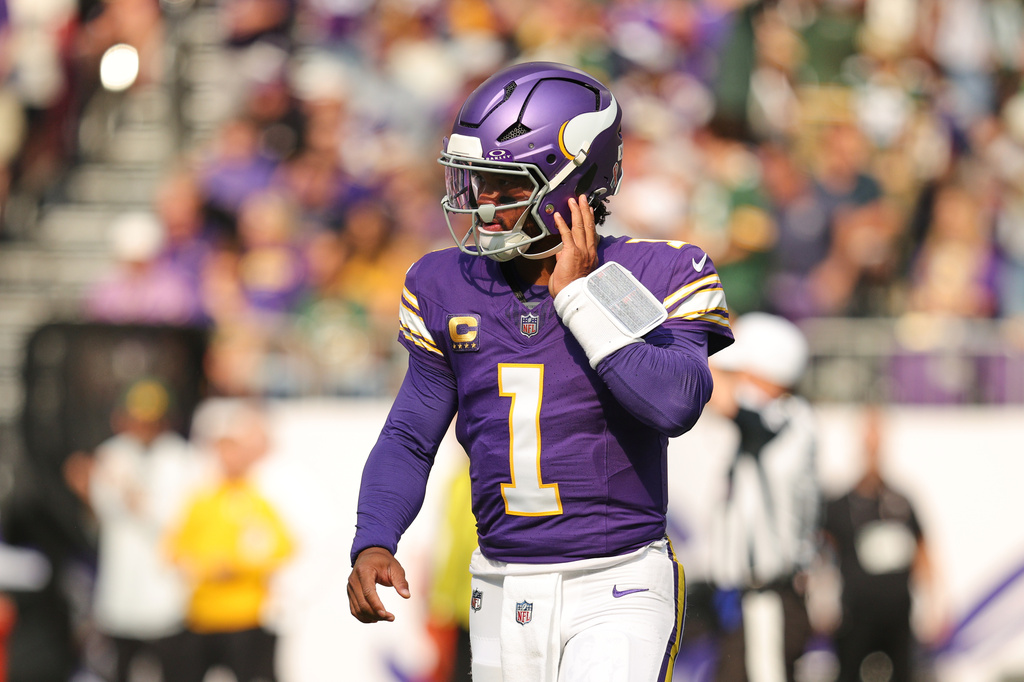 Minnesota Vikings quarterback Kyler Murray walks off the field after throwing a pass that was intercepted by the Green Bay Packers during the first half of an NFL football game, Sunday, Sept. 13, 2026, in Minneapolis, Minn. (AP Photo/Bailey Hillesheim)