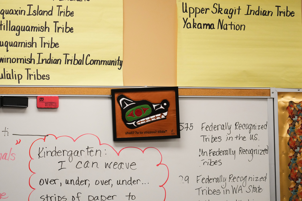 Names of tribes are seen on the walls of a culture classroom at Chief Leschi Schools, which has improved its graduation rates with a career and technical education program, Wednesday, March 18, 2026, in Puyallup, Wash. (AP Photo/Lindsey Wasson)