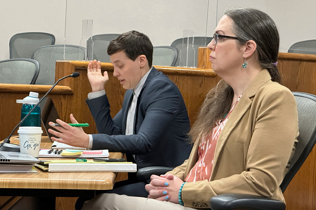 FILE - Plaintiff attorneys Jess Braverman, left, and Brittany Stewart appear in court, Jan. 27, 2025, at the Burleigh County Courthouse in Bismarck, N.D., during the trial related to the state's ban on gender-affirming medical care for kids. (AP Photo/Jack Dura, File)