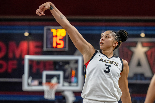 FILE - Las Vegas Aces center Candace Parker (3) watches her shot during a WNBA basketball game against the Atlanta Dream, Friday, June 2, 2023, in College Park, Ga. (AP Photo/Danny Karnik, File) FILE - Las Vegas Aces center Candace Parker (3) watches her shot during a WNBA basketball game against the Atlanta Dream, Friday, June 2, 2023, in College Park, Ga. (AP Photo/Danny Karnik, File)
