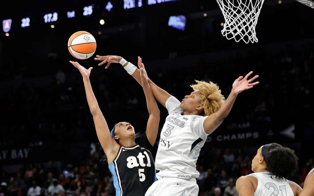 Atlanta Dream forward Angel Reese (5) shoots against Las Vegas Aces forward NaLyssa Smith (3) during the first half of a WNBA basketball game Tuesday, Aug. 18, 2026, in Las Vegas. (Steve Marcus/Las Vegas Sun via AP)