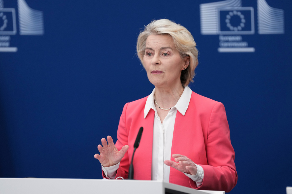European Commission President Ursula von der Leyen speaks during a report on children's safety online at EU headquarters in Brussels, Monday, July 13, 2026. (AP Photo/Marius Burgelman)