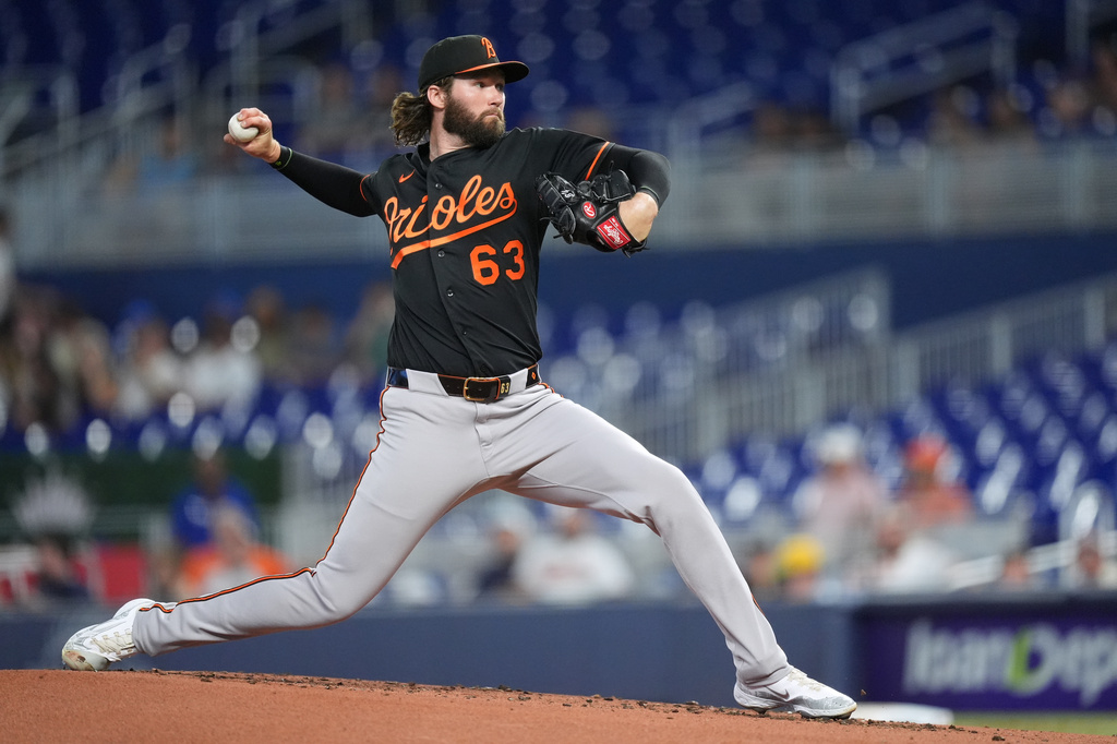 Baltimore Orioles starting pitcher Brandon Young pitches during the first inning of a baseball game against the Miami Marlins, Wednesday, May 6, 2026, in Miami. (AP Photo/Rebecca Blackwell)