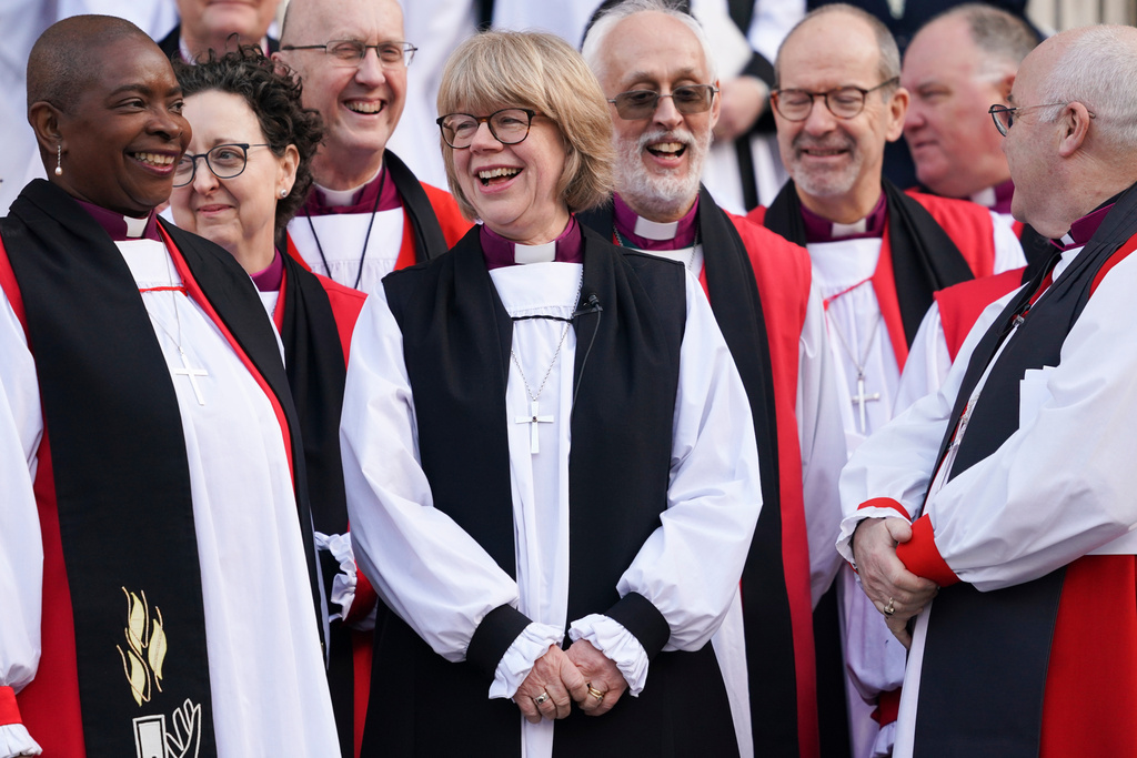 Sarah Mullally on the steps of St Paul's Cathedral, London, following the Confirmation of Election ceremony confirming her as archbishop of Canterbury, becoming the first woman to lead the Church of England, Wednesday Jan. 28 2026. (AP Photo/Alberto Pezzali)