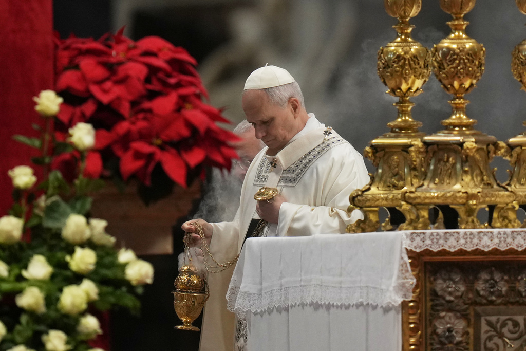 Pope Leo XIV celebrates Mass on New Year's Day, in St. Peter's Basilica at the Vatican, Thursday, Jan. 1, 2026. (AP Photo/Alessandra Tarantino)