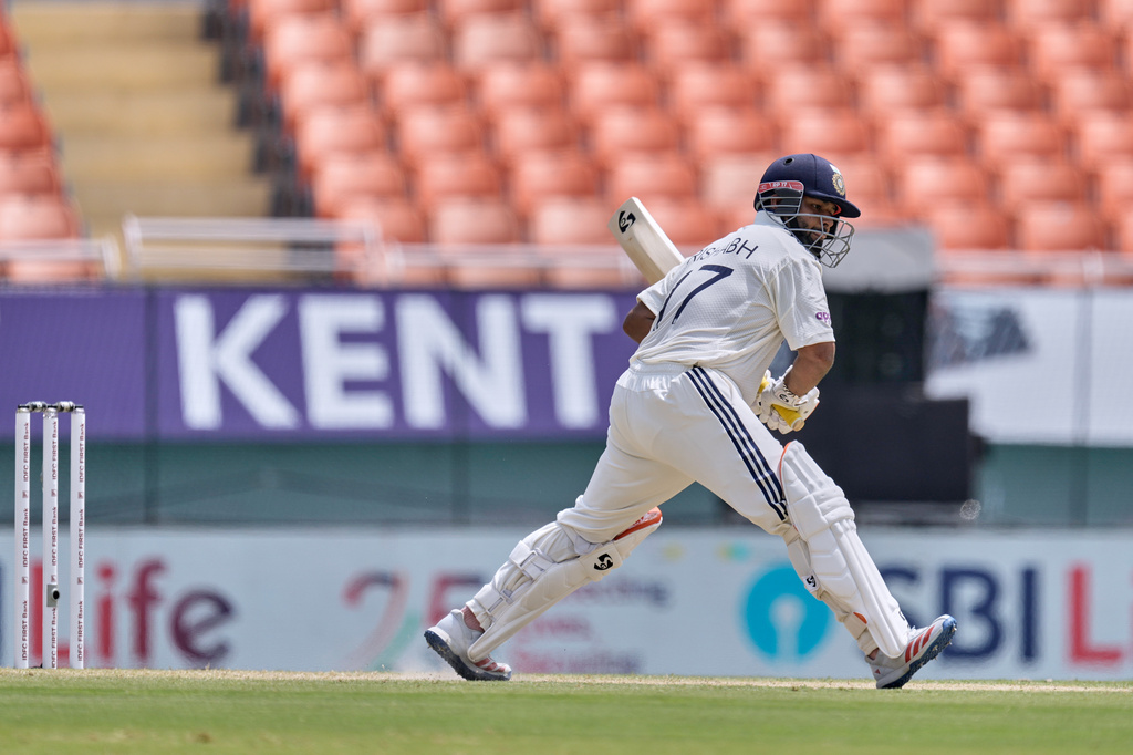 India's Rishabh Pant bats on day two of the cricket test match between Afghanistan and India in New Chandigarh, India, Sunday, June 7, 2026. (AP Photo/Ashwini Bhatia)