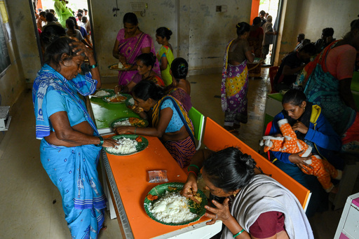 Evacuated Indian villagers of Uppada eat food in a temporary relief centre as Cyclone Montha, in Kakinada district of Andhra Pradesh, India, Tuesday, Oct. 28, 2025. (AP Photo) Evacuated Indian villagers of Uppada eat food in a temporary relief centre as Cyclone Montha, in Kakinada district of Andhra Pradesh, India, Tuesday, Oct. 28, 2025. (AP Photo)