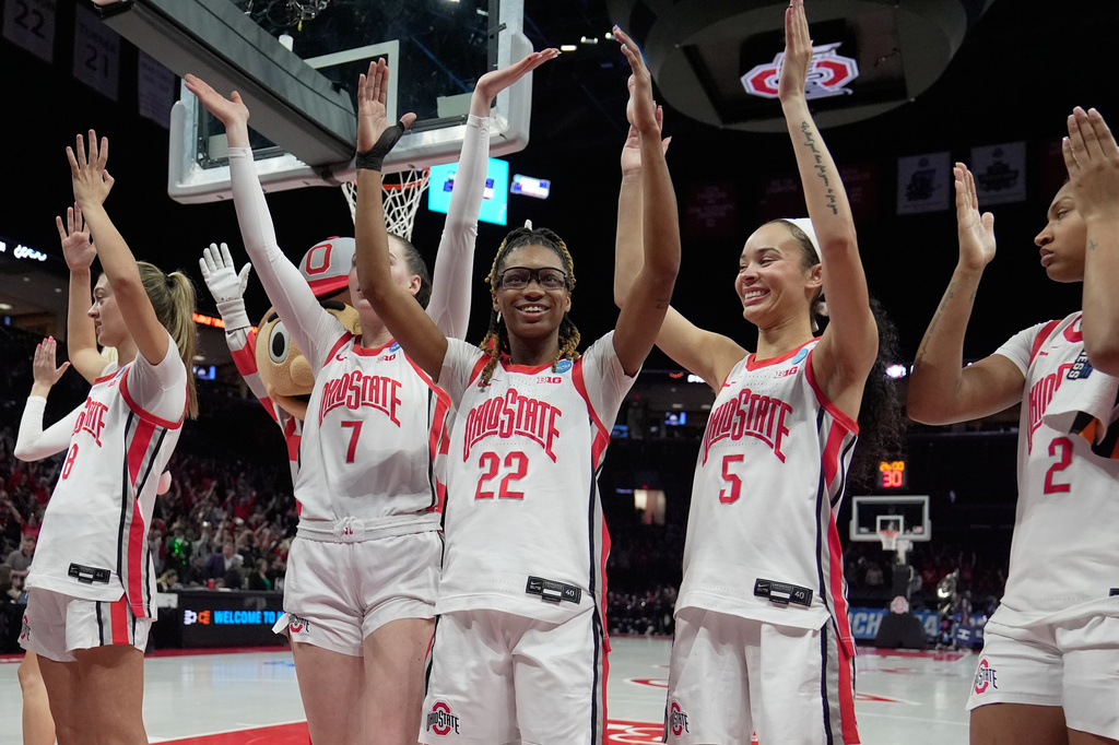 Ohio State players including Bryn Martin (8), Dasha Biriuk (7), Jaloni Cambridge (22), Ava Watson (5) and Chance Gray (2) celebrate after defeating Howard in the first round of the NCAA college basketball tournament, Saturday, March 21, 2026, in Columbus, Ohio. (AP Photo/Sue Ogrocki)