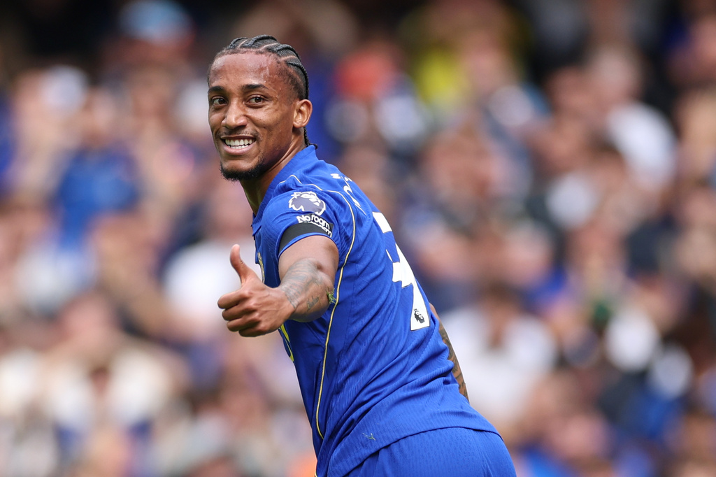 Chelsea's Joao Pedro reacts during the English Premier League soccer match between Chelsea and Brighton and Hove Albion in London, Sunday, Aug. 30, 2026. (AP Photo/Ian Walton)