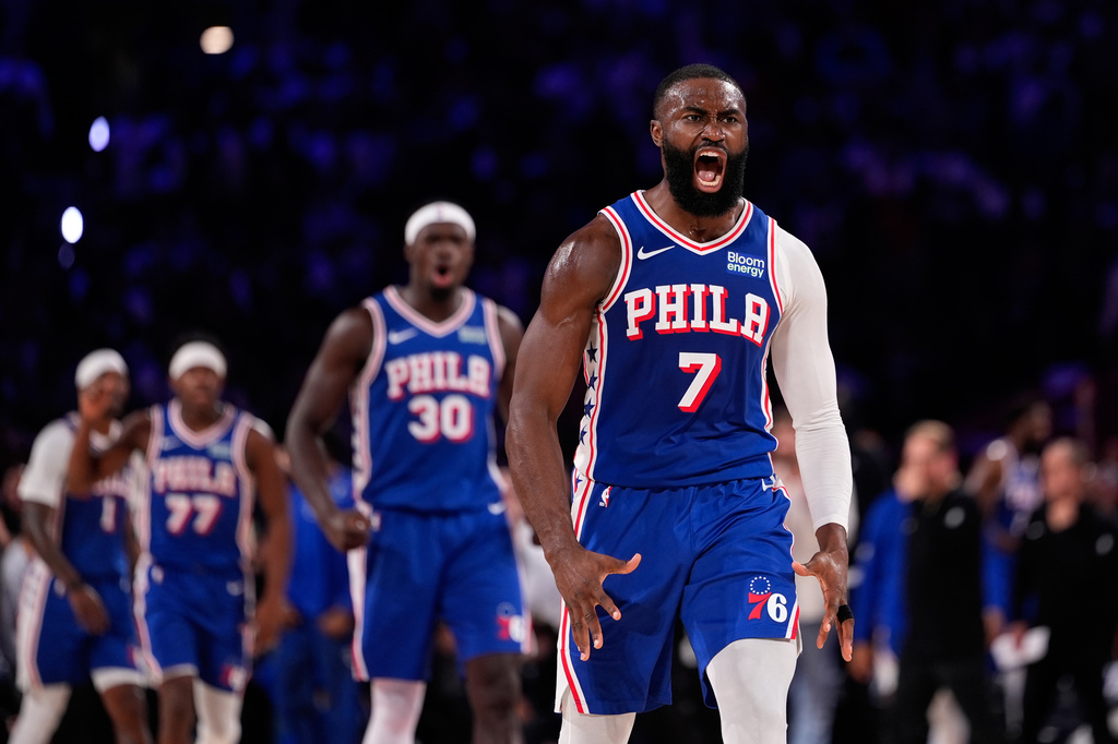 Philadelphia 76ers' Jaylen Brown celebrates after scoring during the second half of an NBA basketball game against the Cleveland Cavaliers Thursday, Oct. 22, 2026, in Philadelphia. (AP Photo/Matt Slocum)