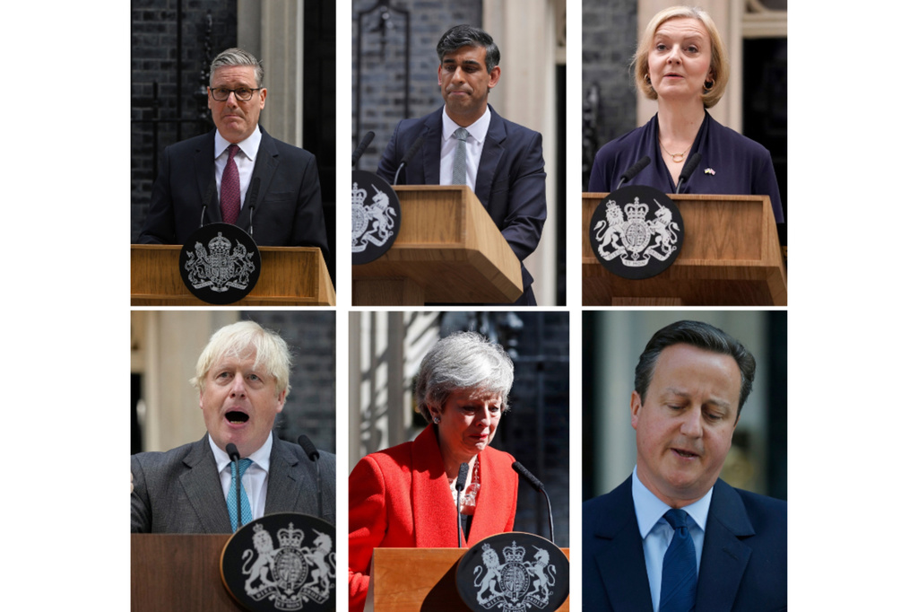 FILE - This combo of file photos show the former Prime Ministers of Britain since 2016 during their resignation speeches outside 10 Downing Street in London. Top row, from left, Keir Starmer, Rishi Sunak, and Liz Truss. Bottom row, from left, Boris Johnson, Theresa May, and David Cameron. (AP Photo/File)