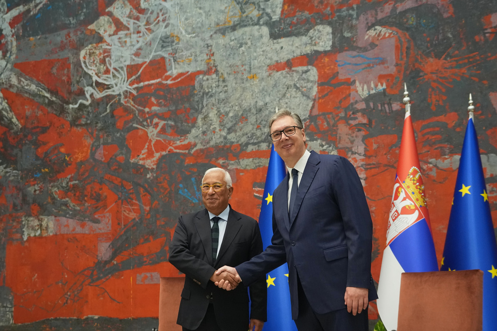 Serbian President Aleksandar Vucic, right, shakes hands with European Council President Antonio Costa prior to their meeting at the Serbia Palace in Belgrade, Serbia, Thursday, June 4, 2026. (AP Photo/Darko Vojinovic)