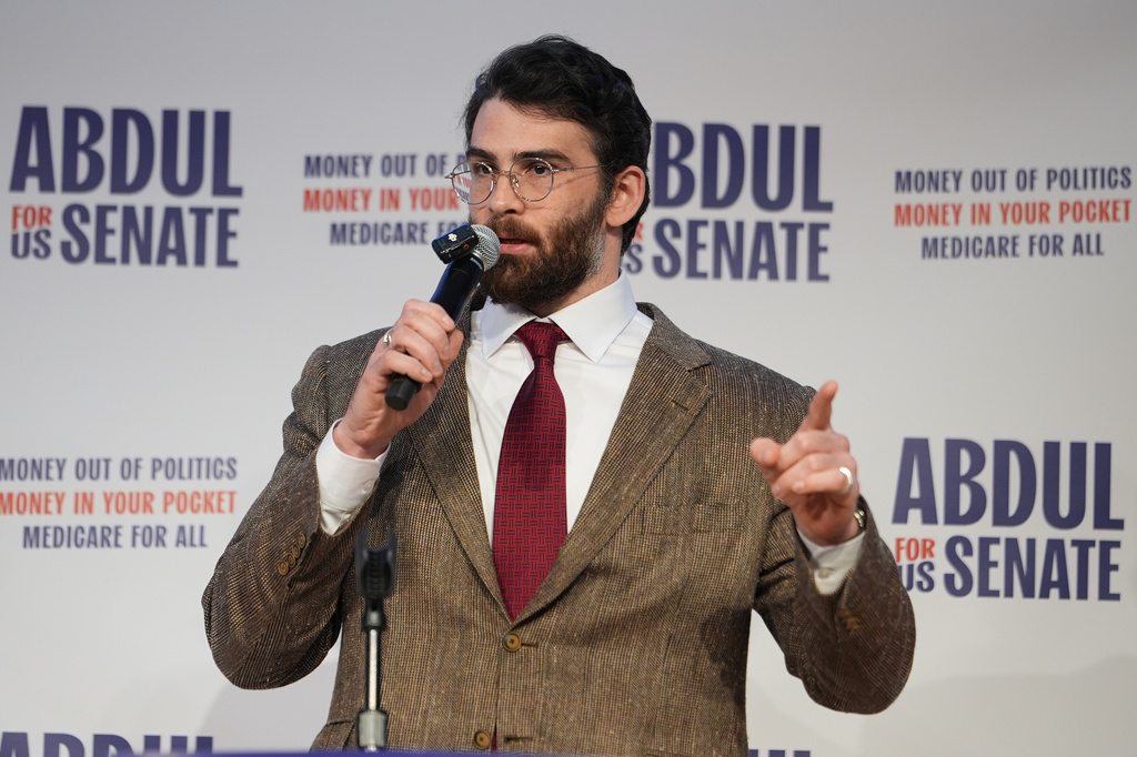 FILE - Hasan Piker speaks at a campaign rally for Abdul El-Sayed, a progressive candidate in the Democratic primary for U.S. Senate in Michigan, April 7, 2026, at the University of Michigan in Ann Arbor, Mich. (AP Photo/Julia Demaree Nikhinson, file)