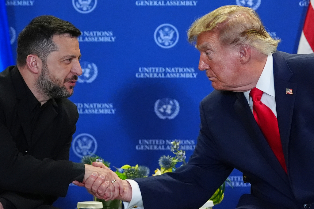 President Donald Trump meets with Ukraine's President Volodymyr Zelenskyy during the United Nations General Assembly, Tuesday, Sept. 22, 2026, at the UN headquarters. (AP Photo/Julia Demaree Nikhinson)
