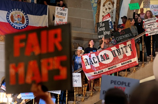 FILE = Protesters against redistricting efforts by Missouri GOP legislators chant in the capitol rotunda Sept. 10, 2025, during a rally denouncing Republican-proposed laws that would increase the number of GOP representatives Missouri sends to Washington D.C. (Christian Gooden/St. Louis Post-Dispatch via AP, File) FILE = Protesters against redistricting efforts by Missouri GOP legislators chant in the capitol rotunda Sept. 10, 2025, during a rally denouncing Republican-proposed laws that would increase the number of GOP representatives Missouri sends to Washington D.C. (Christian Gooden/St. Louis Post-Dispatch via AP, File)