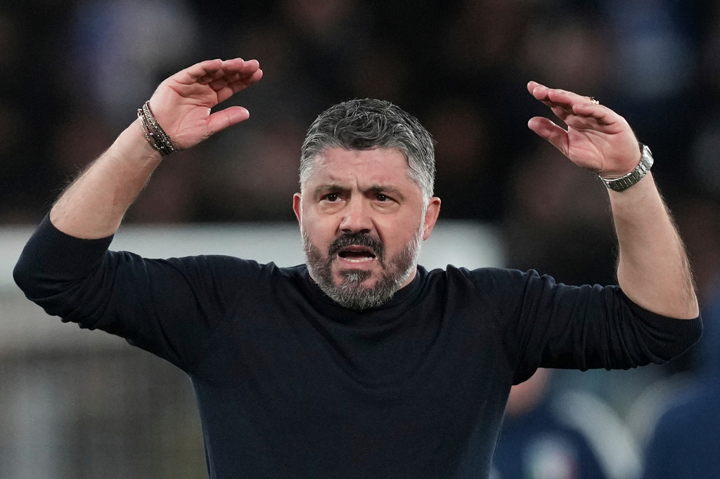 Italy coach Gennaro Gattuso celebrates after the World Cup qualifying play-off soccer match between Italy and Northern Ireland, in Bergamo, Italy, Thursday, March 26, 2026. (AP Photo/Antonio Calanni)