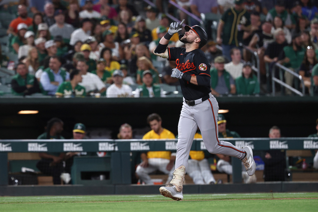 Baltimore Orioles' Colton Cowser runs the bases after hitting a home run during the fifth inning of a baseball game against the Athletics, Saturday, Aug. 29, 2026, in West Sacramento, Calif. (AP Photo/Sara Nevis)