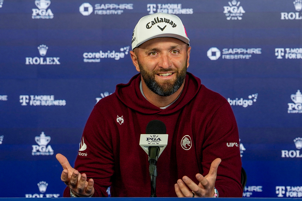 Jon Rahm, of Spain, speaks to the media prior to a PGA Championship golf tournament practice round at Aronimink Golf Club, Tuesday, May 12, 2026, in Newtown Square, PA. (AP Photo/Carolyn Kaster)