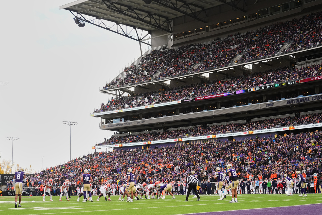 FILE - A general view of Husky Stadium during an NCAA college football game between Washington and Illinois, Saturday, Oct. 25, 2025, in Seattle. (AP Photo/Lindsey Wasson, File)