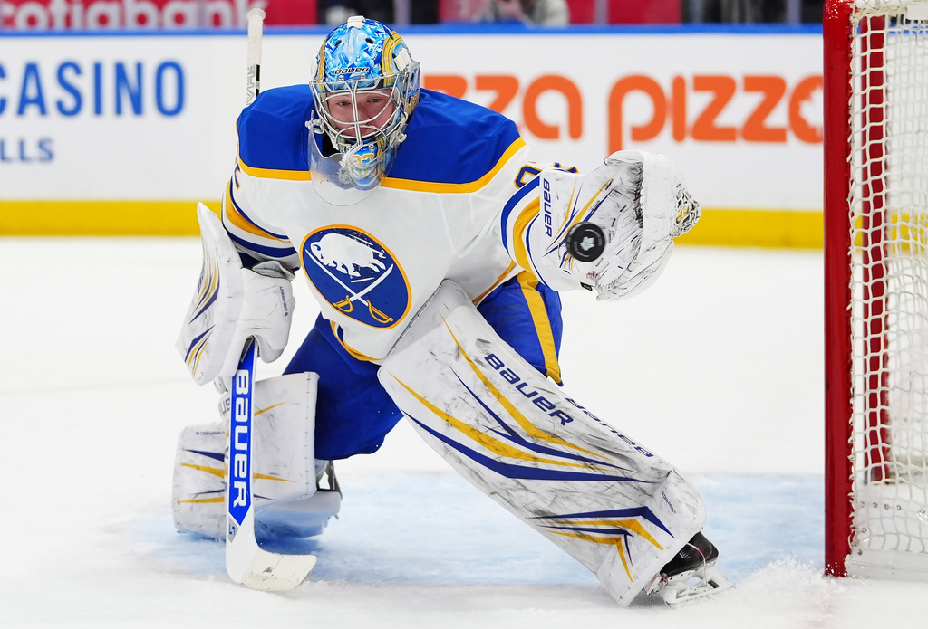 Buffalo Sabres goaltender Colten Ellis (92) makes a save against the Toronto Maple Leafs during the second period of an NHL hockey game in Toronto, Tuesday, Jan. 27, 2026. (Frank Gunn/The Canadian Press via AP)
