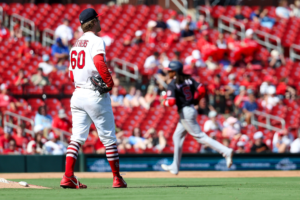 St. Louis Cardinals starting pitcher Quinn Mathews (60) pauses at the back of the mound after giving up a two-run home run to Washington Nationals' CJ Abrams during the sixth inning of a baseball game Sunday, Sept. 20, 2026, in St. Louis. (AP Photo/Scott Kane)
