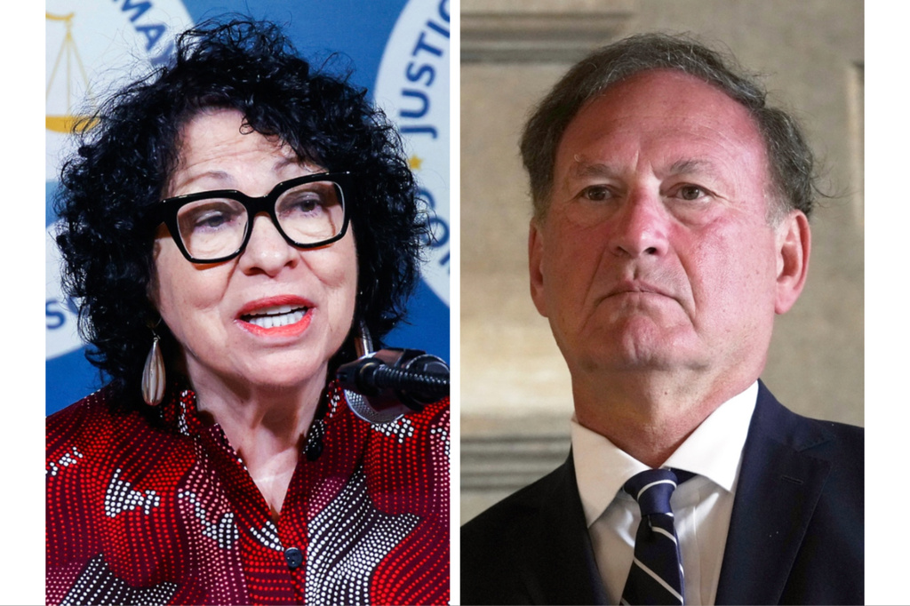 This combination photo shows Justice Sonia Sotomayor, Sept 16, 2024, in New York, left, and Justice Samuel Alito in Rome, Sept. 20, 2025. (AP Photo)