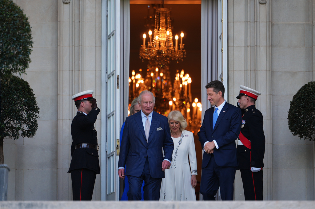Britain's King Charles III and British Ambassador to the U.S. Christian Turner exit the British Embassy, Monday, April 27, 2026, in Washington. (AP Photo/Julia Demaree Nikhinson, Pool)