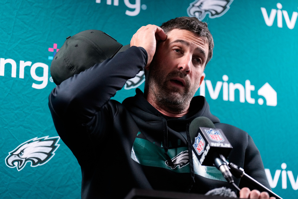 Philadelphia Eagles' Nick Sirianni speaks during a news conference after an NFL football game against the New York Giants earl Friday, Oct. 10, 2025, in East Rutherford, N.J. (AP Photo/Seth Wenig)