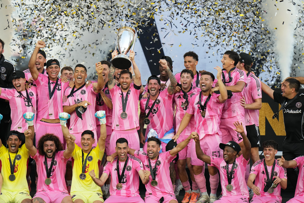 Inter Miami celebrates after winning the MLS Cup against the Vancouver Whitecaps Saturday, Dec. 6, 2025, in Fort Lauderdale, Fla. (AP Photo/Lynne Sladky)