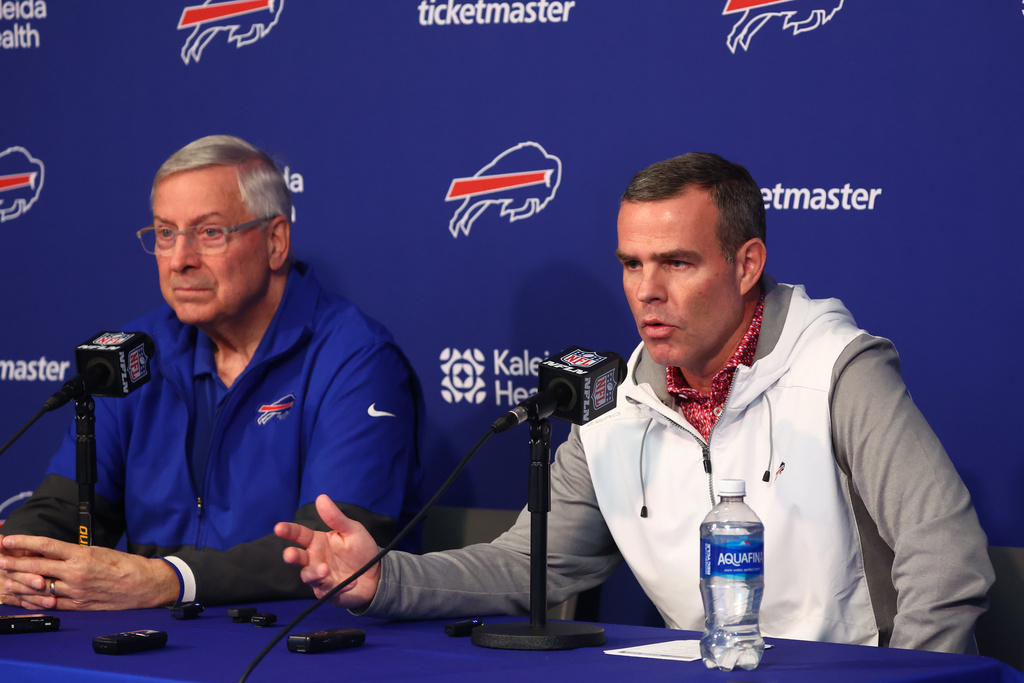 CORRECTS YEAR: Buffalo Bills owner Terry Pegula left, and General Manager Brandon Beane speak at a NFL football news conference in Orchard Park, N.Y., Wednesday, Jan 21, 2026. (AP Photo/Jeffrey T. Barnes)