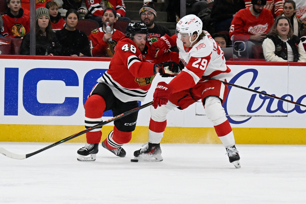 Chicago Blackhawks defenseman Matt Grzelcyk (48) and Detroit Red Wings center Nate Danielson (29) chase the puck during the first period of an NHL hockey, Saturday, Dec. 13, 2025, in Chicago. (AP Photo/Matt Marton)