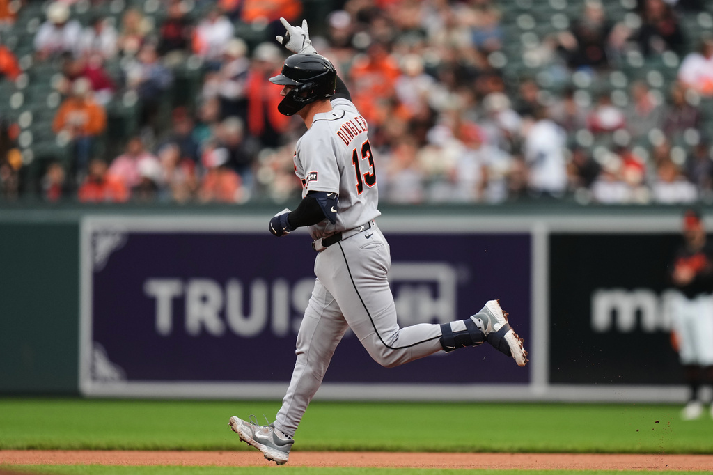 Detroit Tigers' Dillon Dingler rounds the bases after hitting a two-run home run during the first inning in the second baseball game of a doubleheader against the Baltimore Orioles, Sunday, May 24, 2026, in Baltimore. (AP Photo/Stephanie Scarbrough)
