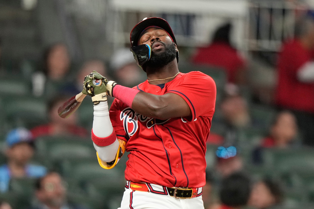 Atlanta Braves' Michael Harris II (23) reacts after hitting a foul in the sixth inning of a baseball game against the Boston Red Sox Friday, May 15, 2026, in Atlanta. (AP Photo/Brynn Anderson)