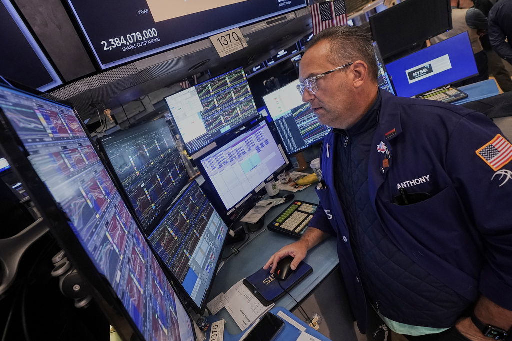 Specialist Anthony Matesic works at his post on the floor of the New York Stock Exchange, Monday, Sept. 15, 2025. (AP Photo/Richard Drew)