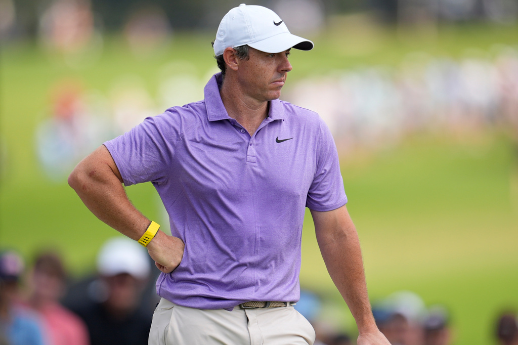 Rory McIlroy, of Northern Ireland, waits to putt on the fifth green during the third round of the PGA Tour Championship golf tournament, Saturday, Aug 29, 2026, in Atlanta.(AP Photo/Mike Stewart)