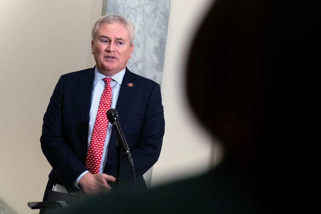 House Oversight Committee Chairman James Comer, R-Ky., talk to the press as he arrives for Darren K. Indyke deposition before the House Oversight Committee on Capitol Hill, Thursday, March 19, 2026, in Washington. (AP Photo/Jose Luis Magana)